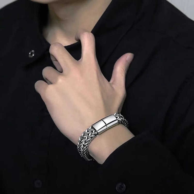 Star Woven Stainless Double Layer Magnet Buckle Men's Titanium Steel Square Punk Chain Bracelet