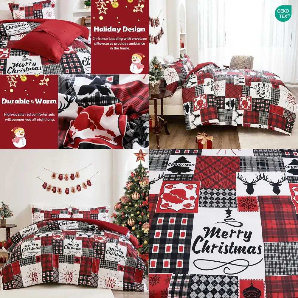 Christmas King Size Christmas Reindeer Plaid Duvet Cover Set - 3-Piece Rustic Holiday Bedding with Zipper for Fall Winter Y251126