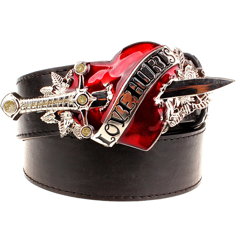 Cool Fashion Leather Belt Red Heart Love Hurts n Punk Rock Waistband Women Men Decorative belts Jeans Hip Hop Girdle 251126