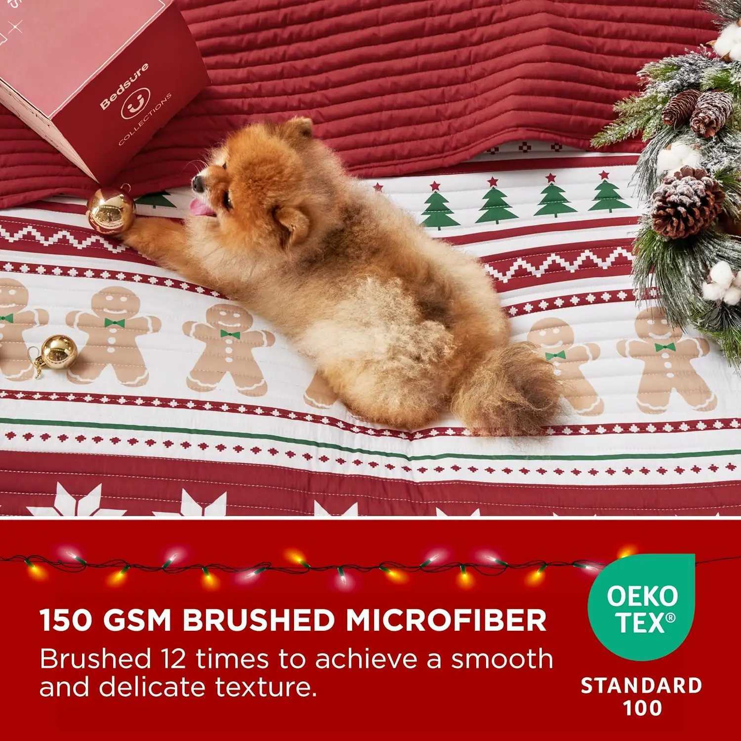 Christmas Christmas Quilt Set King Red Quilt for King Size Bed Gingerbread Man Striped Printed Pattern Christmas Bedding Set Soft Microfib Y251126