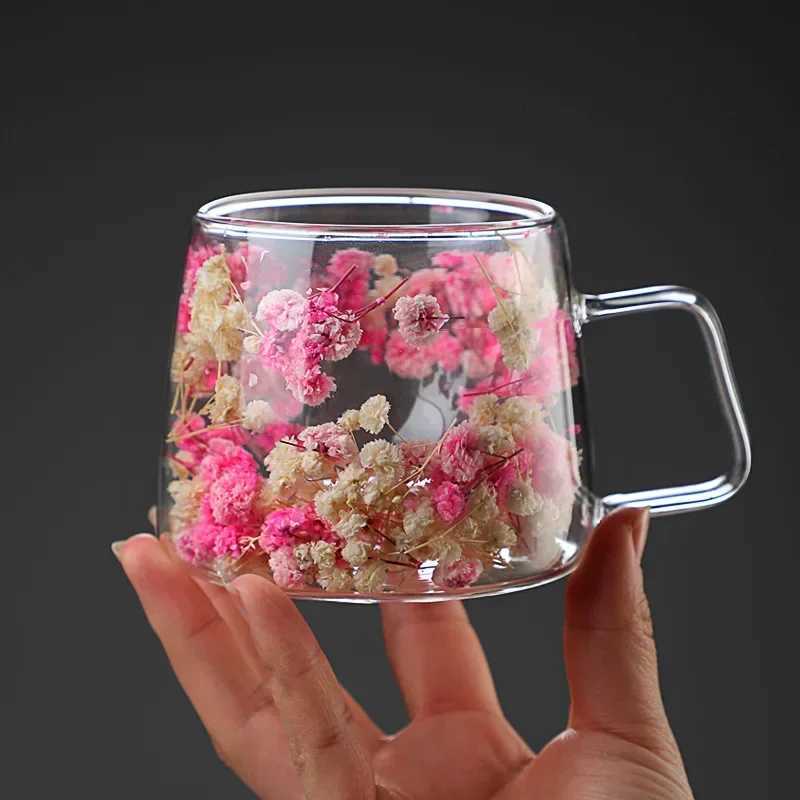 Double Wall Glass Cup 200ml Clear Flowers Pattern Milk Tea Coffee Mug with Handle Gifts Friends Home Water Cup Drinking Glasses C251126