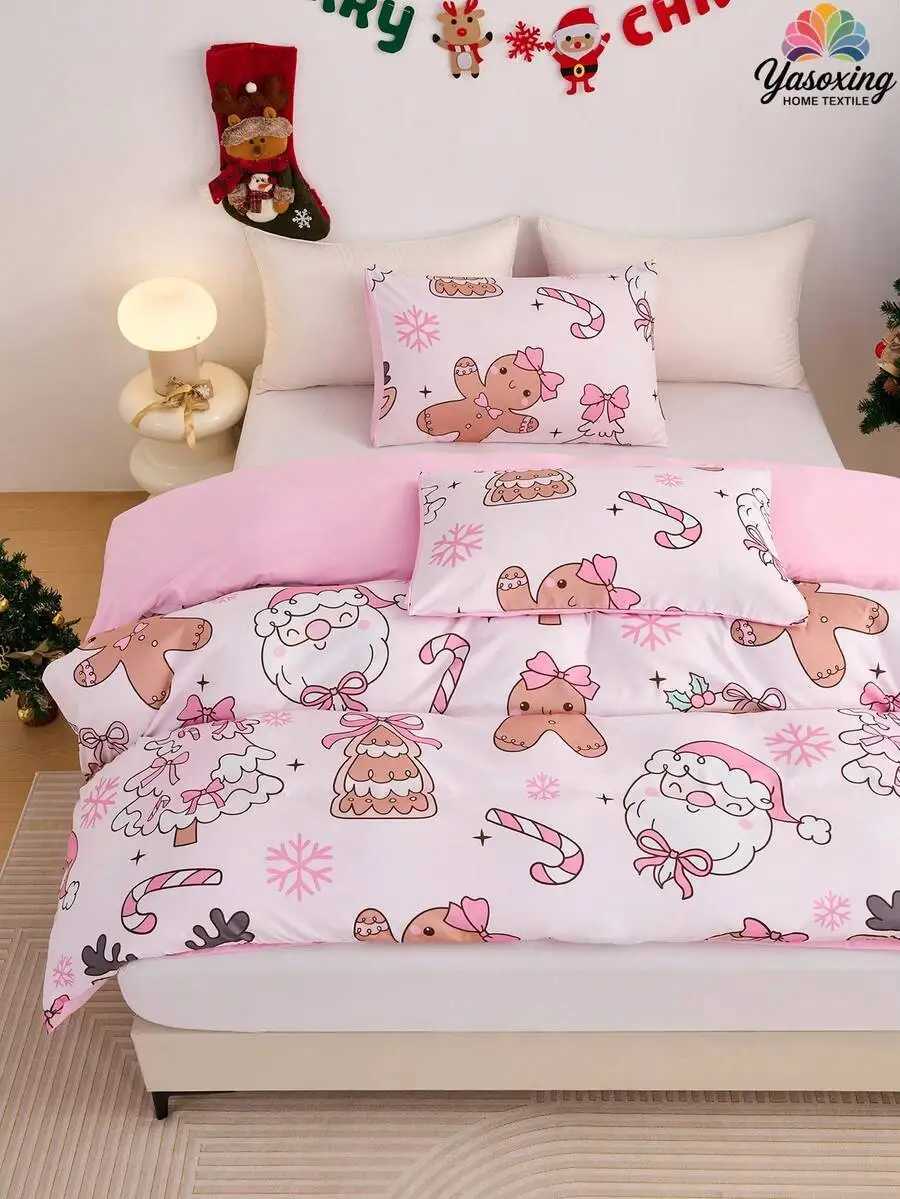 Christmas 2/3pcs Pink Christmas Snowflake Gift Gingerbread Man Pattern Reversible Color Duvet Cover Bedding Set Soft Breatheable Y251126