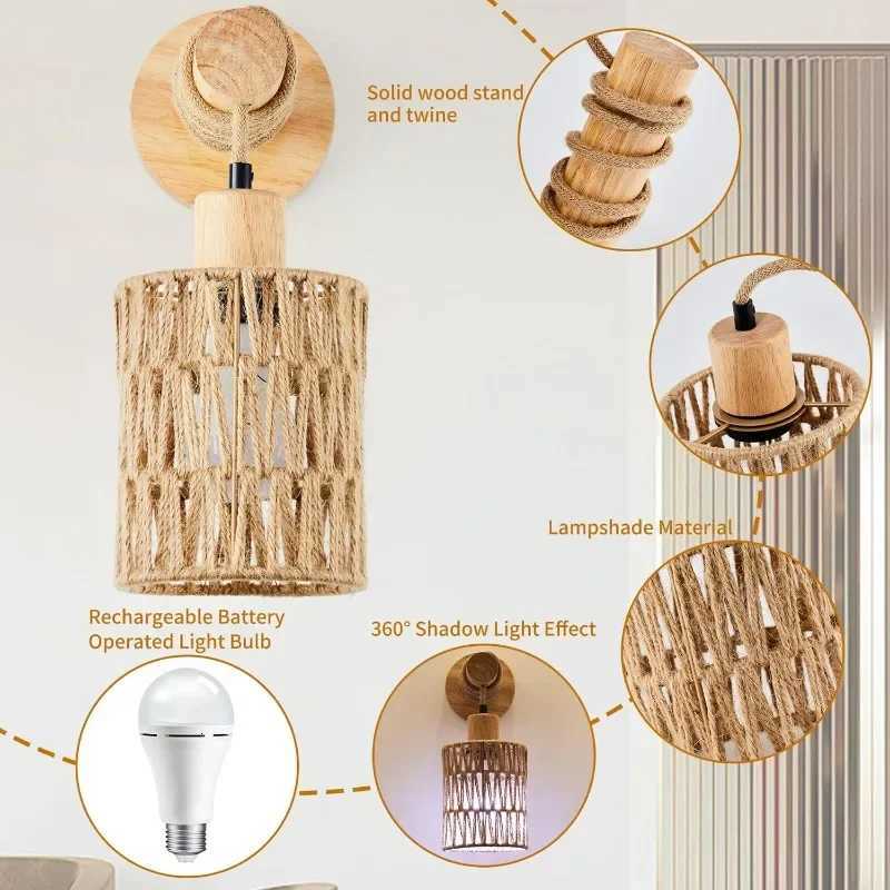Hemp Rope Design Bedhead Wall Lamp Cylindrical Shaped Wall Light for Bedroom Farmhouse Countryside Decorative Lighting Lampshade M251126