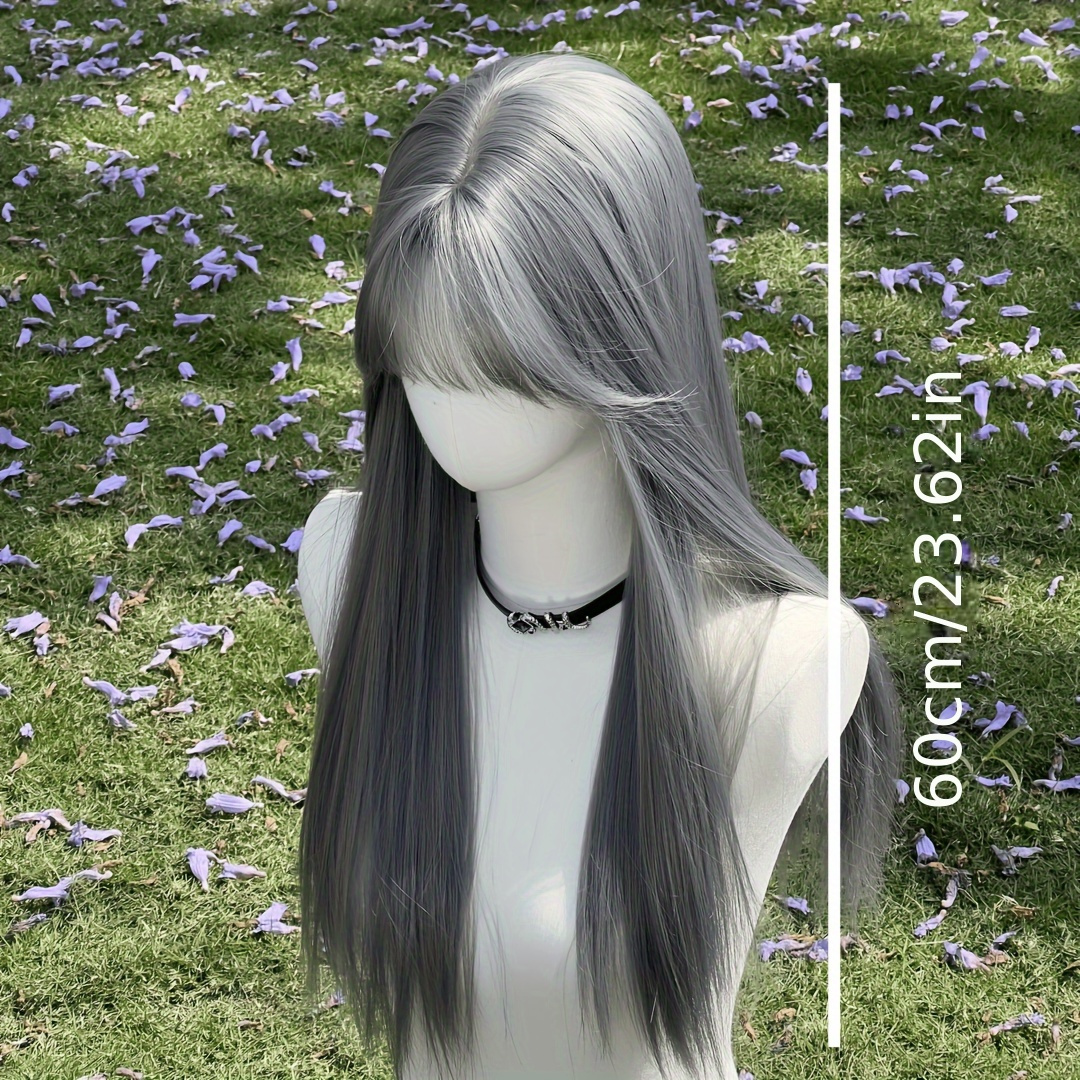 Elastic Rose Net Cap Wig - Silver Grey Synthetic Fiber Straight Long Hairstyle for Cosplay & Parties