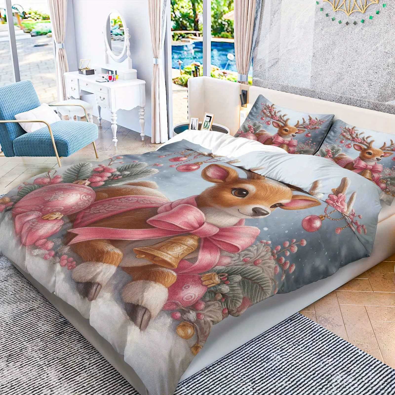 Christmas 3pcs Duvet Cover Set 1 Duvet2 Pillowcases Pink Christmas Deer Winter Snow Scene Theme Christmas Bedding Set Queen King Size Y251126