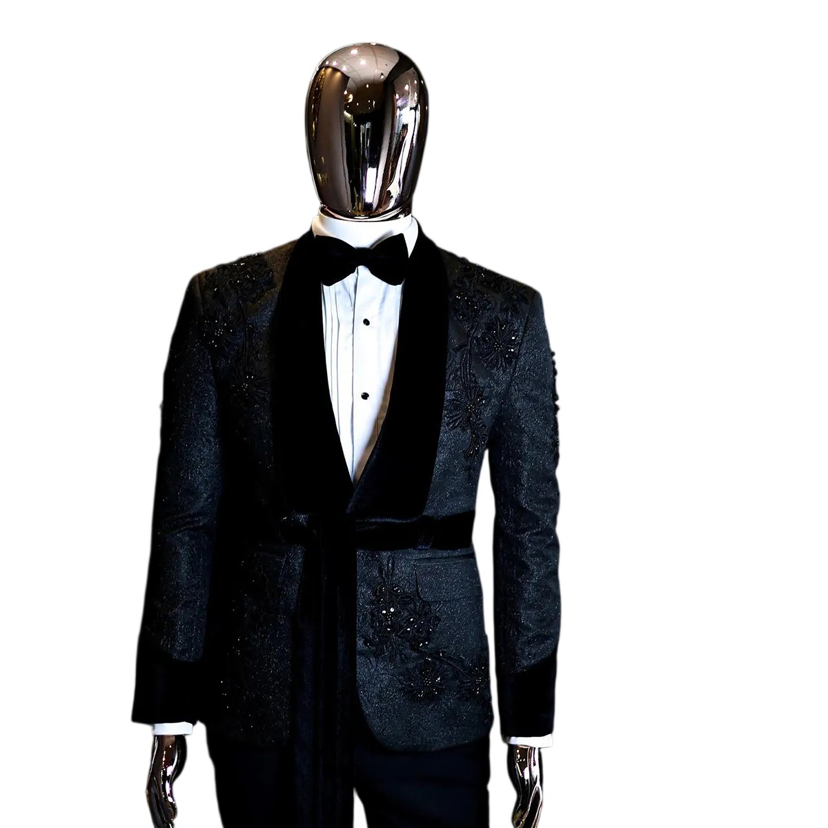 Luxury 2 Pieces Wedding Tuxedos Men Suits High Quality Shining Fabric Applique Shawl Lapel Belt Customize Coat Black Pants Fashion Casual Prom Tailore