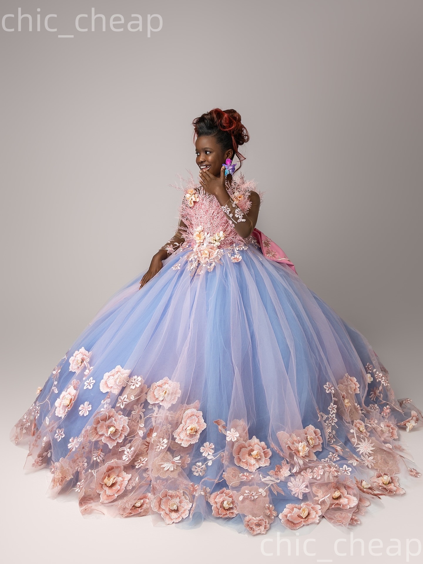 2026 Light Sky Blue Ball Gown Flower Girl Dresses Tulle Flowers Floral Lace Little Girl Christmas Peageant Birthday Christening Tutu Dress Gowns ZJ427