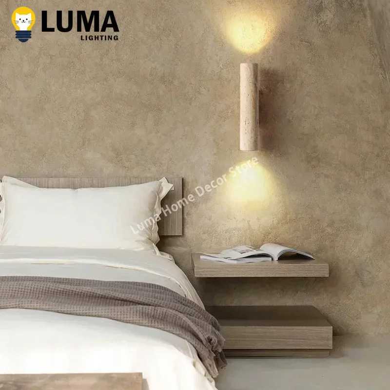 Wabi Sabi Style Yellow Travertine Wall Lamp Vintage Stone and Wood Sconce Light for Bedroom Bedside Living Room Stair Home Decor M251126