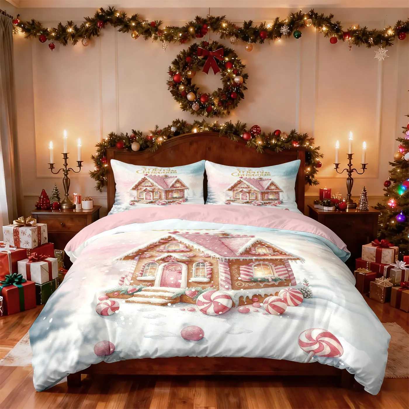 Christmas 3pcs pink romantic Christmas cottage Merry Christmas print choreless bedding set multi size bedroom bedding holiday decoration Y251126