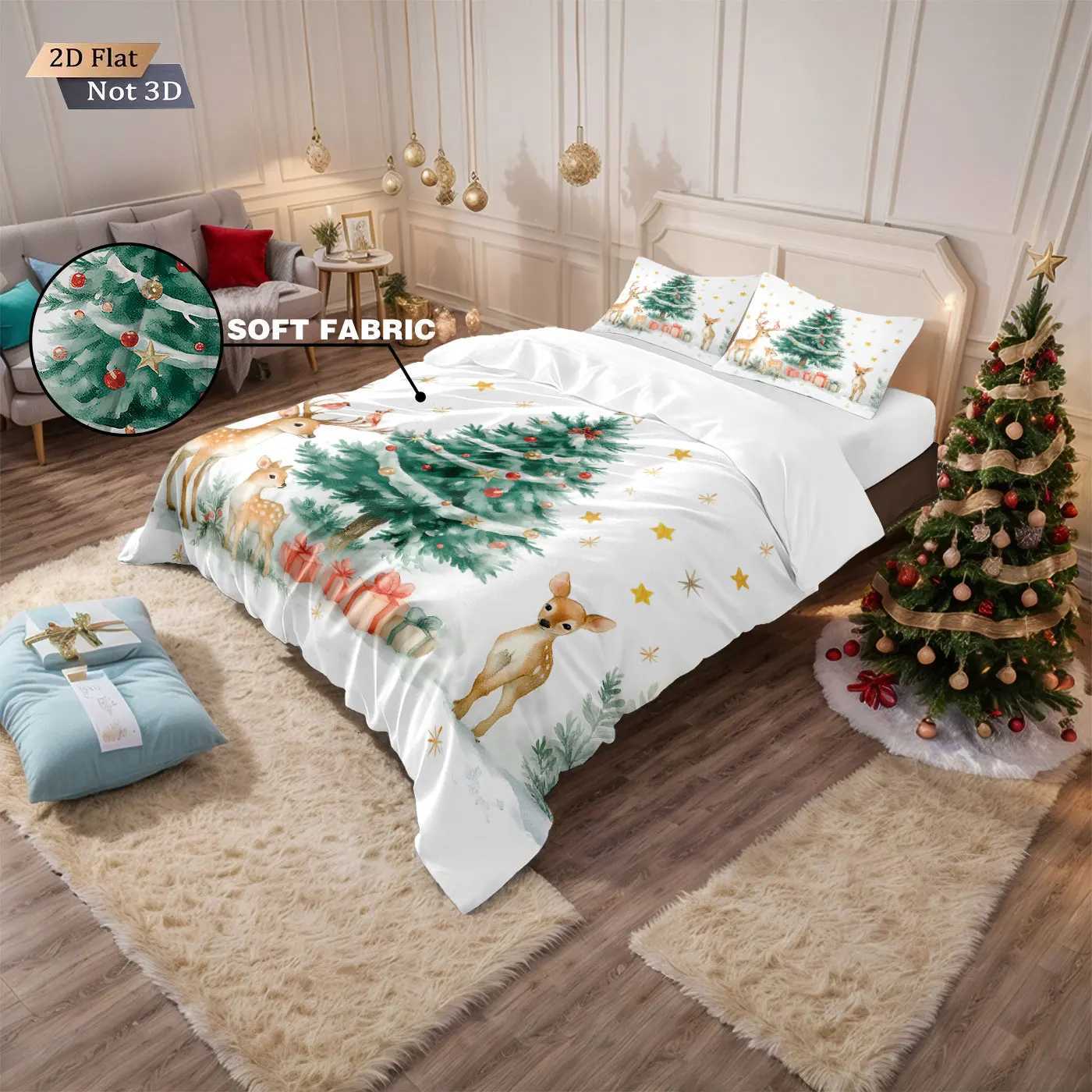 Christmas 3pcs Merry Christmas Cute Deer Printed Core Free Down Duvet Cover Multi Sized Bedroom Holiday Bed Decor Machine Washable Y251126