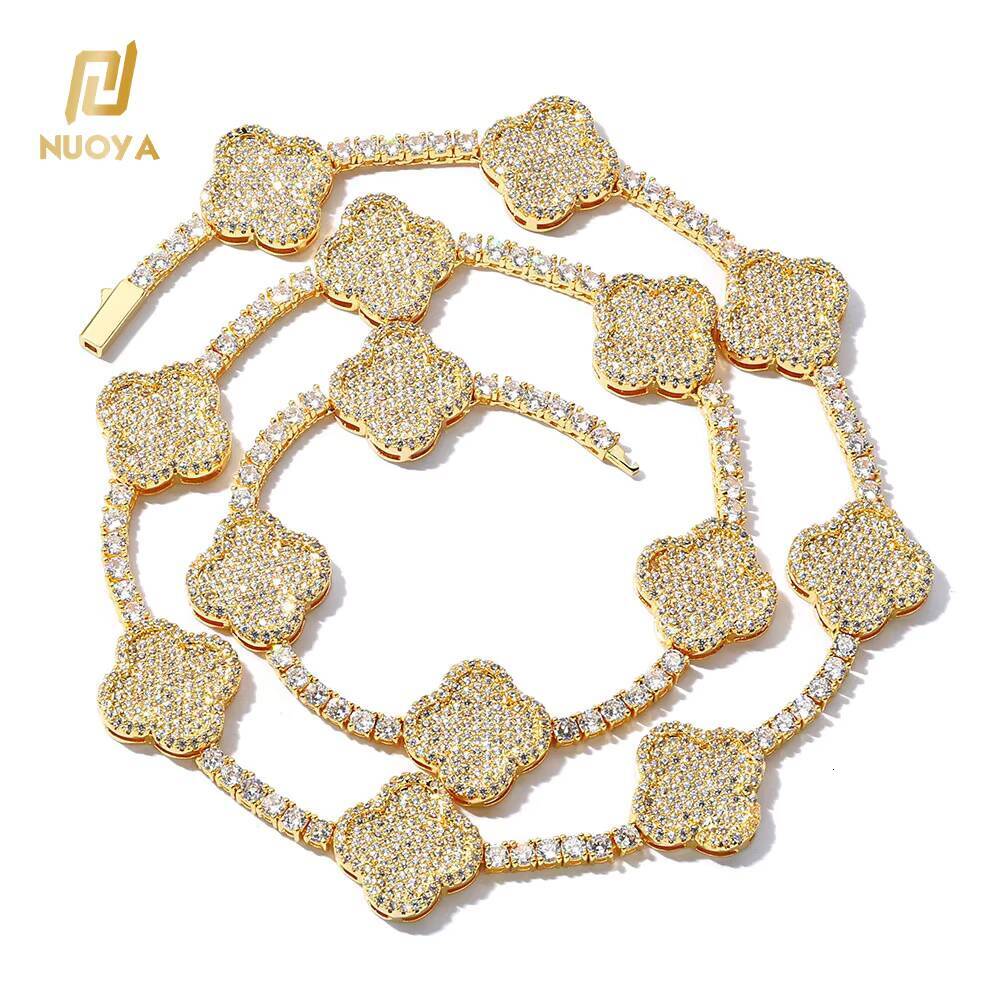 NUOYA Hip Hop Fine Jewelry Four-Leaf Clover Tennis Chain Necklace Women 18K Gold Plated 3a Zircon Iced Out Bling Diamond Chain