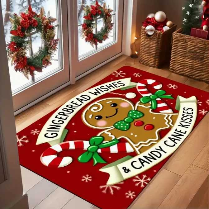 Winter Christmas Doormat Anti Slip Soft Washable Indoor and Outdoor Mats Gingerbread and Snowflake Design Home DecorationM251126