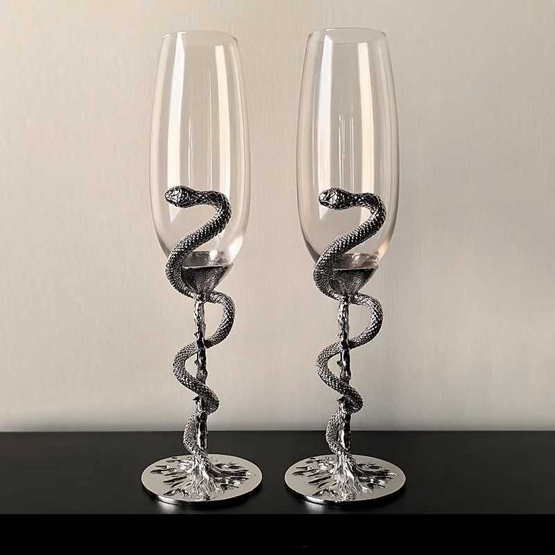 Black /Sliver Snake Champagne Glass Branch Snake Wine Goblet Glass Creative Gothic Cocktail Glass for Bar Party Gift C251126