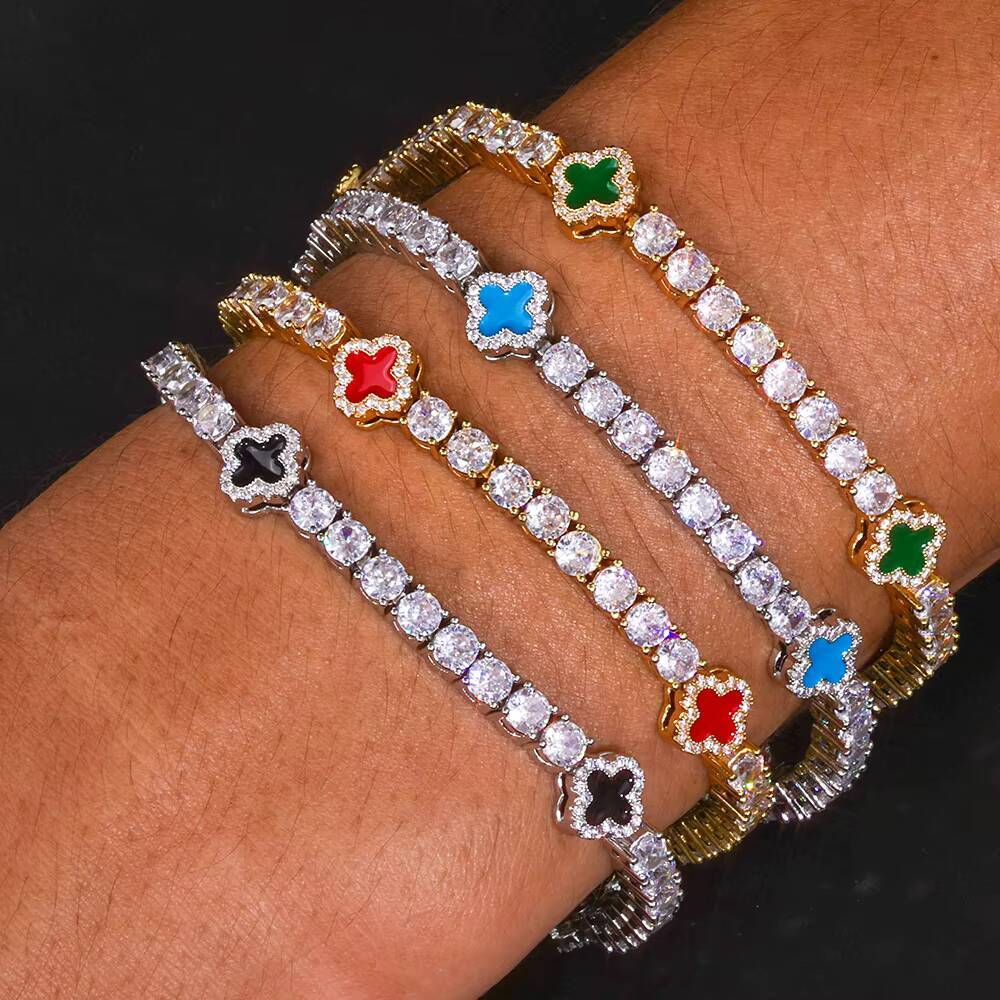 NUOYA Hip Hop Fine Jewelry Iced Out Diamond Tennis Chain Necklace Gold Plated Colorful Four Leaf Clover Tennis Chain for Women