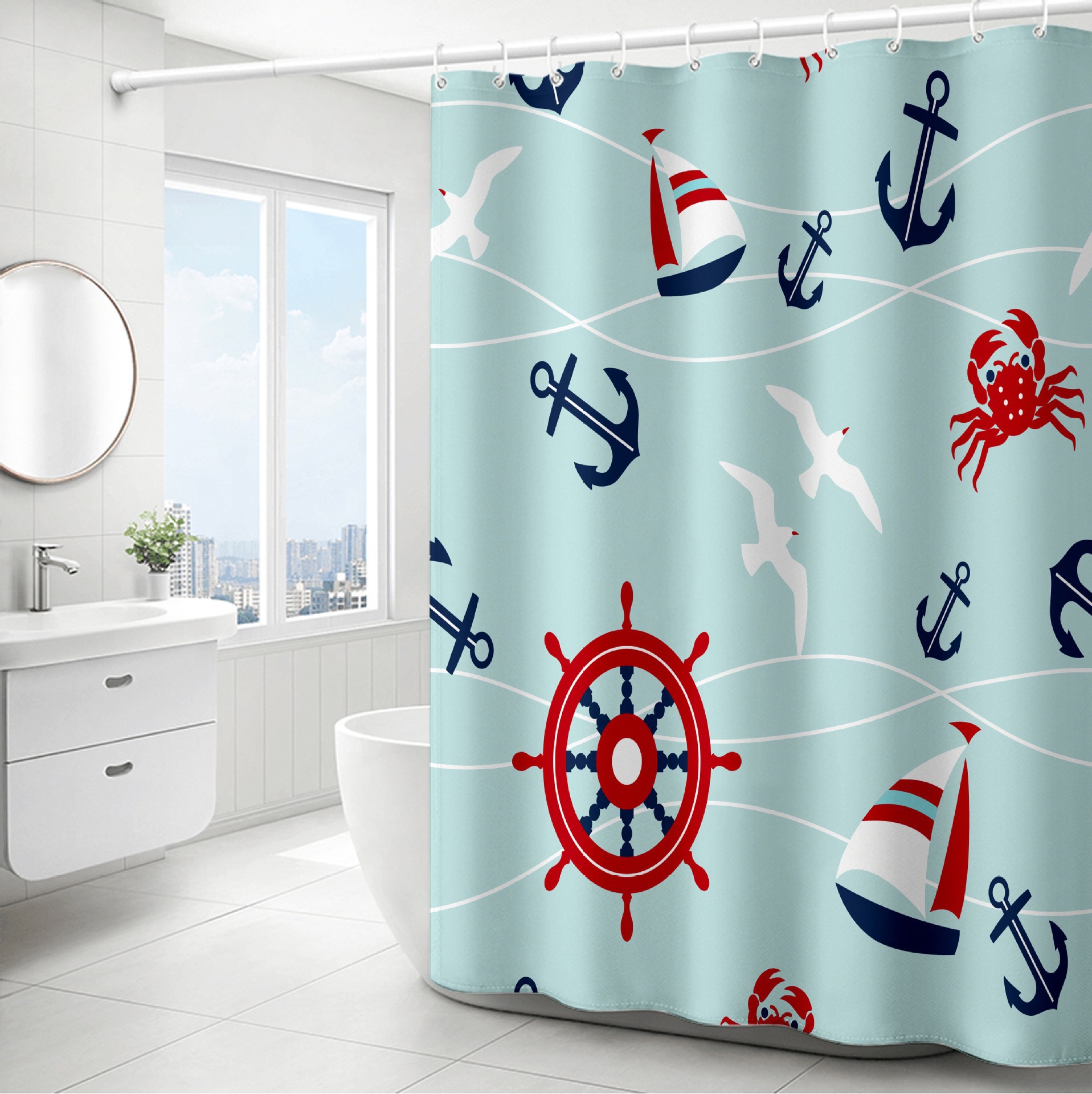 YL-37817 Polyester Ocean Print Thickened Waterproof Shower Curtain - Multiple Styles Available for Wholesale Bathroom Curtains