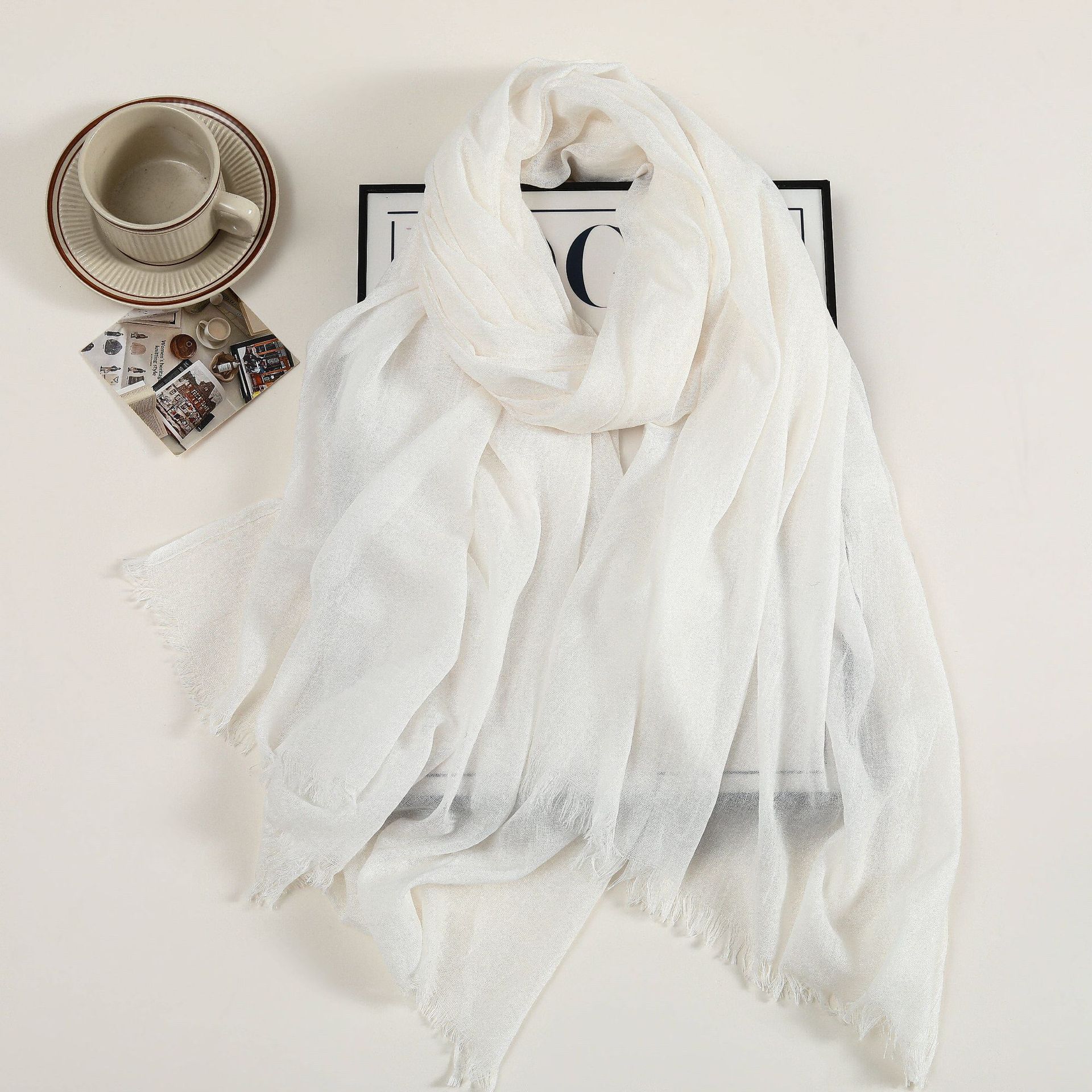K522 New solid color cotton and linen scarf for women high-grade silk scarf gauze sunscreen headscarf artistic beach towel neck scarf large shawl