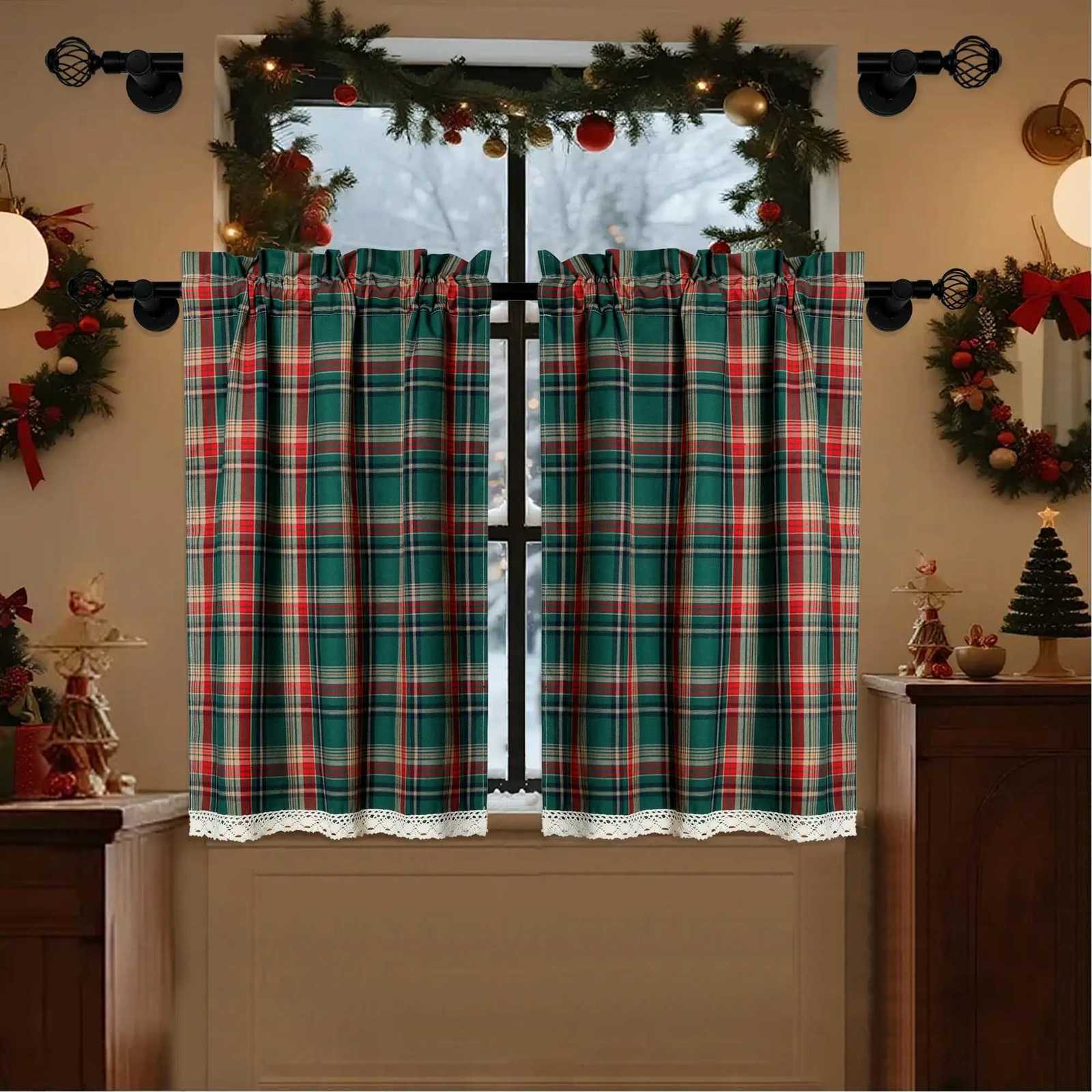 Christmas Christmas Plaid Curtains Scottish Tartan Xmas Decorative Window Curtain Farmhouse Semi-blackout Drapes for Kitchen Living Room Y251126