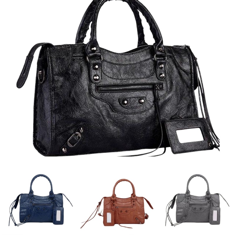 Luxury bag le city bags black leather designer bag tote vintage tassel lady purse top handle rivet zipper large capapcity shoulder motorcycle bag new retro xb196