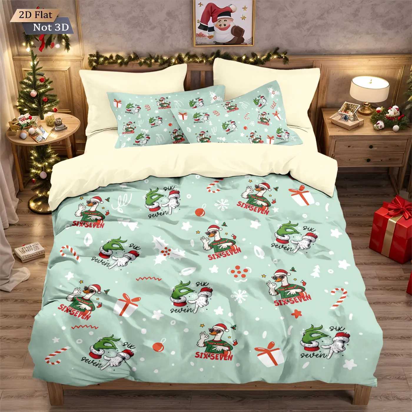Christmas 3pcs Merry Christmas cartoon goose print coreless duvet cover set multi size bedroom bedding holiday decoration machine washable Y251126