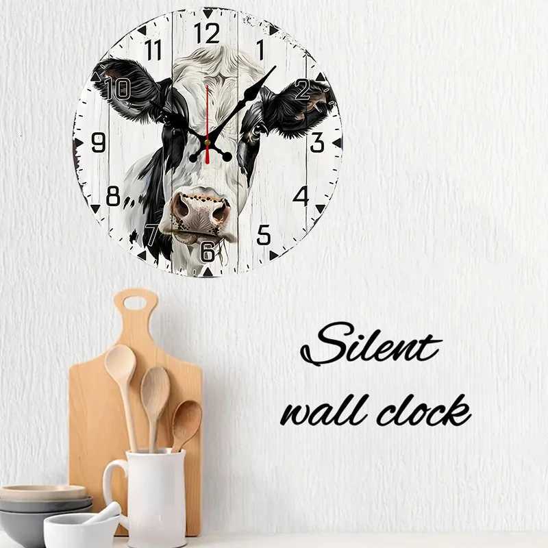 Rustic Cow Wooden Round Silent Hanging Wall Clock Suitable For Living Room Office Study Room Bedroom Home Decoration C251126