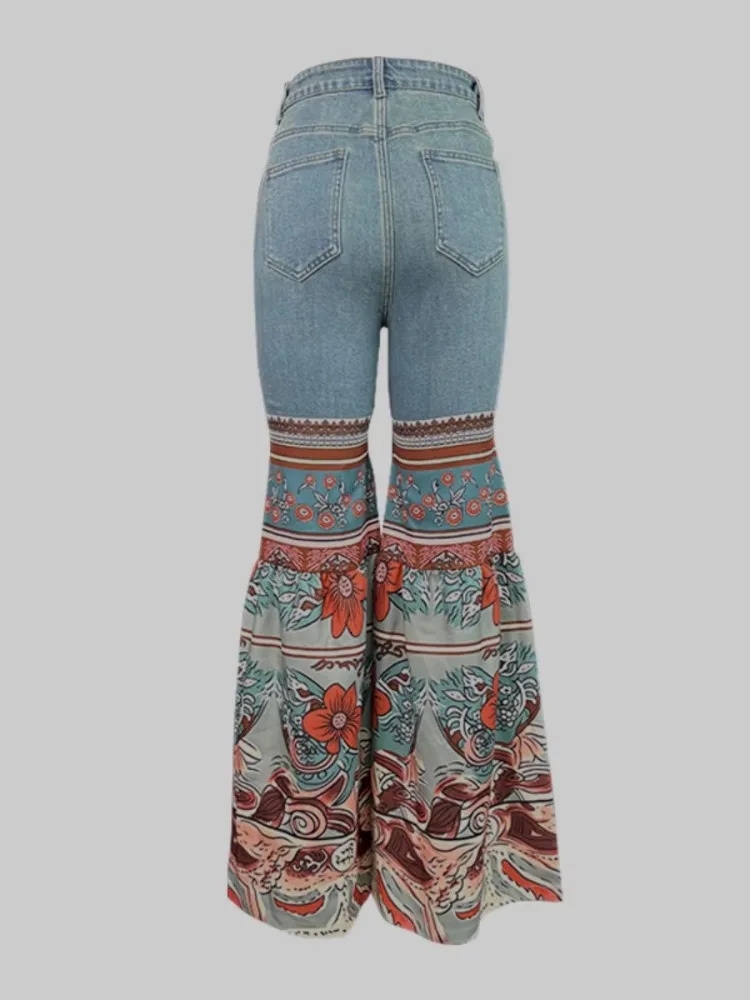 Female Vintage Floral Printed Patchwork Jeans Women High Waist Slim Fit Casual High Street Flared Pants Trousers 250425