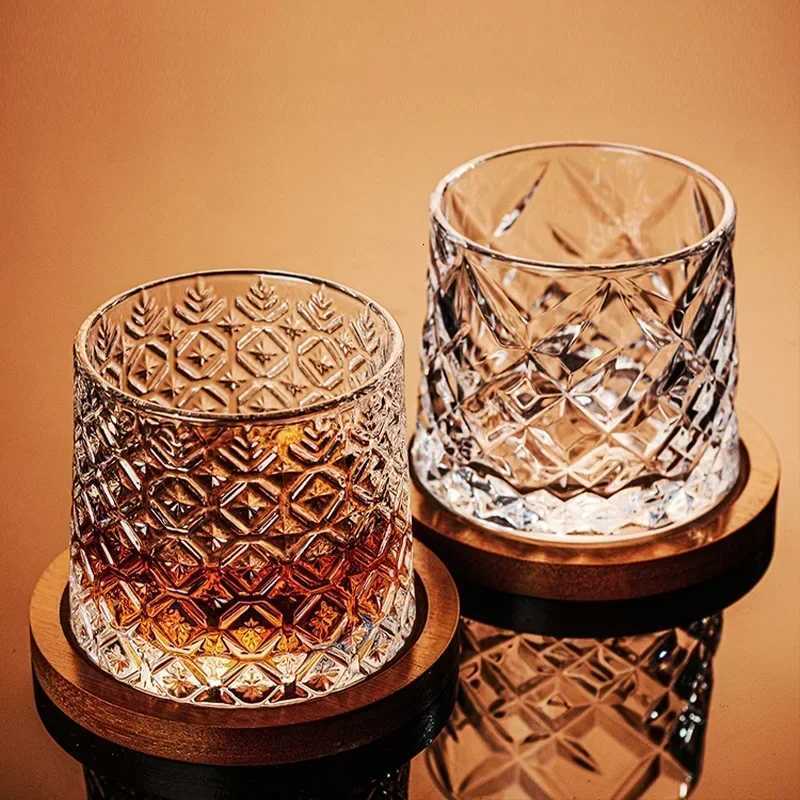 Retro Rotating Whisky Glass Cup with Bamboo Coaster Spinning Top Stress Wine Enjoyable Cups Home Bar Drinking Utensils C251126