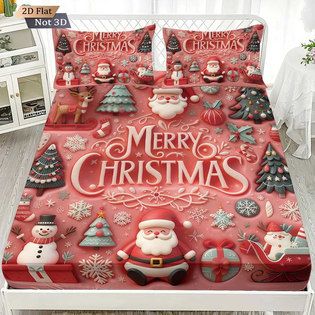 Christmas 3pcs imitation relief pink Santa Claus print coreless bed sheet set multiple size bed cover bedroom bedding decoration Y251126