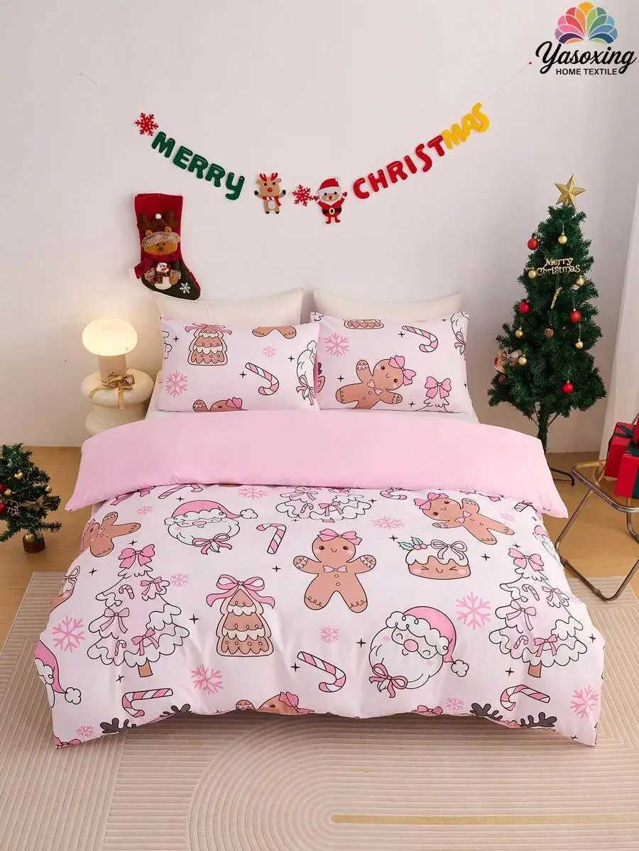Christmas 2/3pcs Pink Christmas Snowflake Gift Gingerbread Man Pattern Reversible Color Duvet Cover Bedding Set Soft Breatheable Y251126