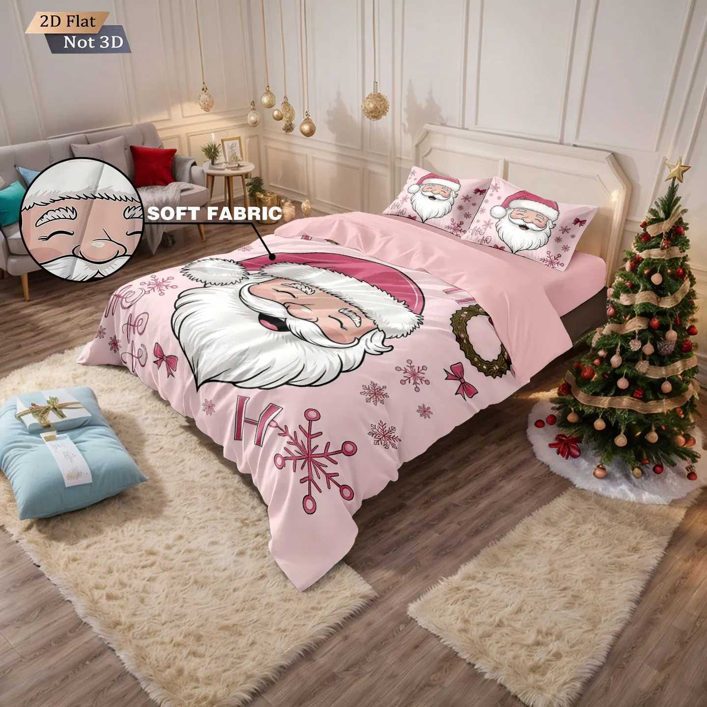 Christmas 3pcs pink Santa Claus printed coreless down duvet cover in multiple sizes soft bedroom bedding decoration machine washable Y251126