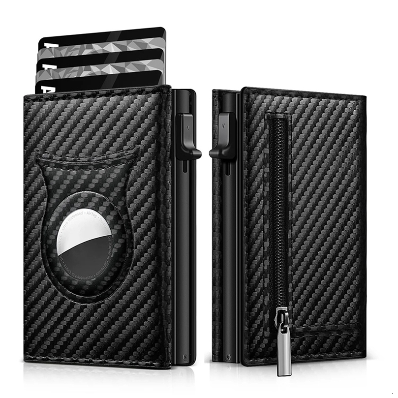 Mens Carbon Fiber Magnetic Card Clip Leather RFID Triple Fold Card with Zipper Wallet Pop Up Smart AirTag Wallet251119ww