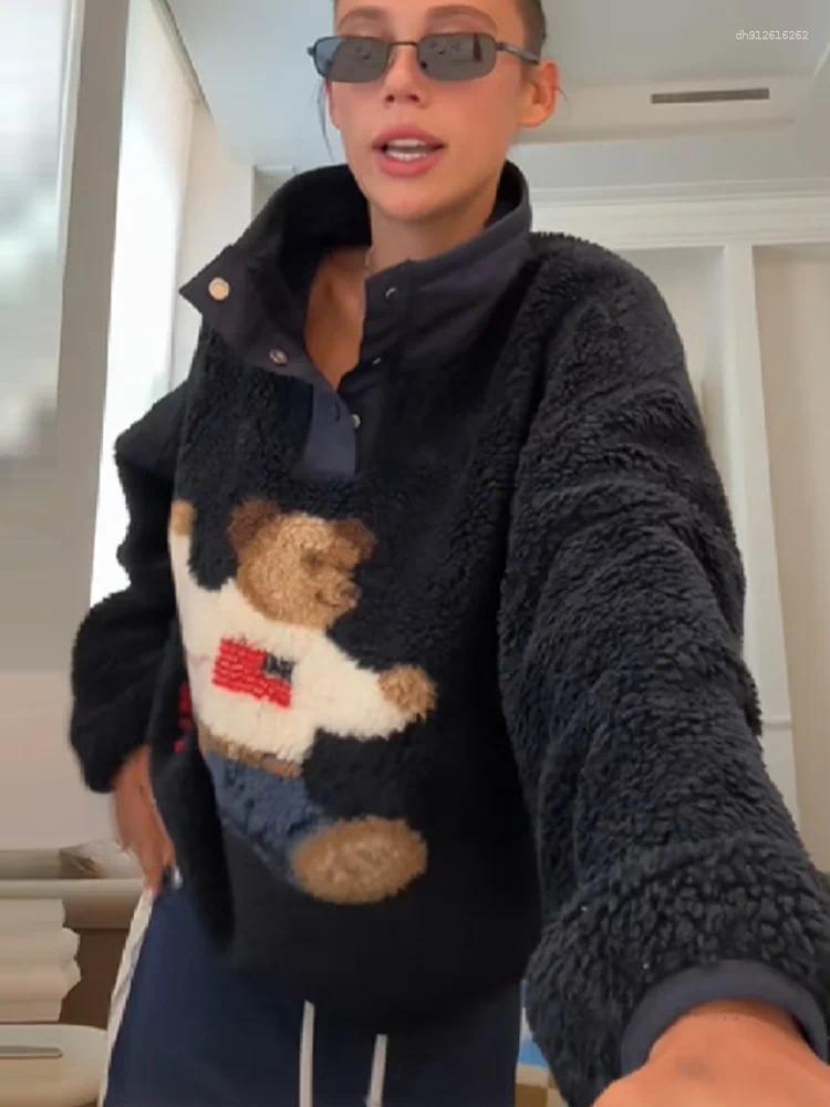 Women's Jackets Casual Printed Lamb Jacket For Women Fashion Stand Neck Full Sleeve Button Loose Overcoat Winter Lady Daily