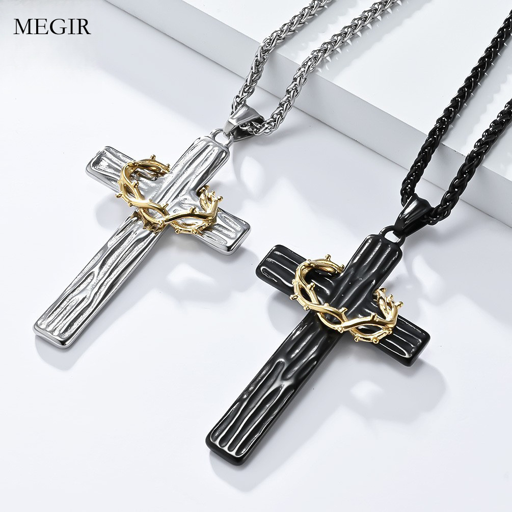Luxury Brand Designer Jewelry Vintage Titanium Steel Flower Ring Cross Necklace Two-tone Wood Grain Stainless Steel Prayer Pendant Artistic Minimalist