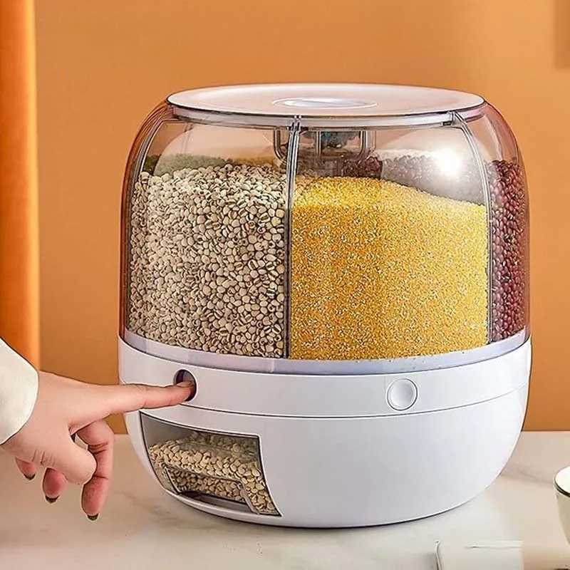 360 rotating 6-grid grain dispenser one-touch output storage container for rice grain seng and moisture-proof organizer Y251126