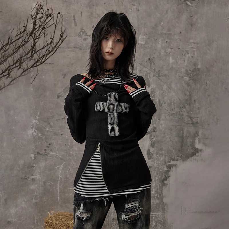 Karrcat Grunge Aesthetics Fake Two-piece Tops Trashy Y2k Long Sleeve Knitted Tops Wasteland Punk Patchwork Tops Gothic Vintage J251136