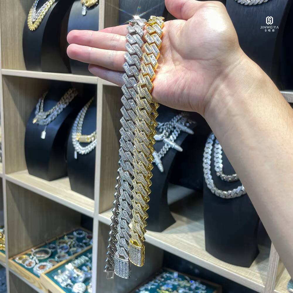 New Style 20mm Baguette Cubic Zirconia Prong Necklace with Cuban Link Chain White Gold Iced Hip Hop Jewelry