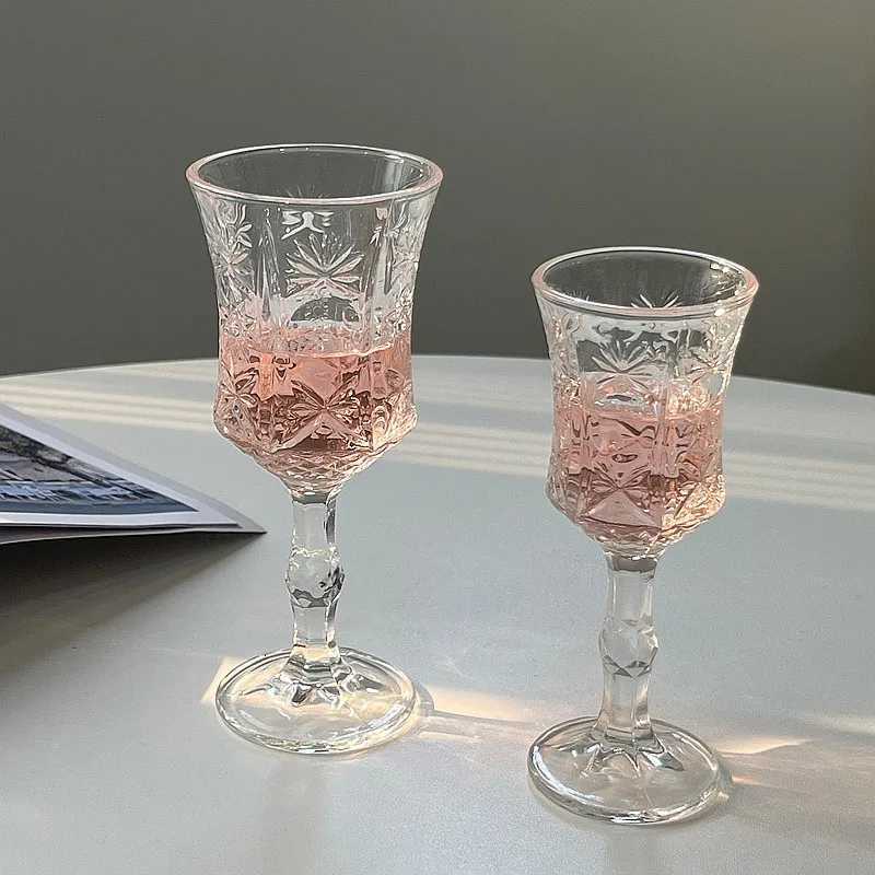 ins cute cup horn transparent glass goblet large opening simple red wine glass embossed champagne cold drink cup C251126