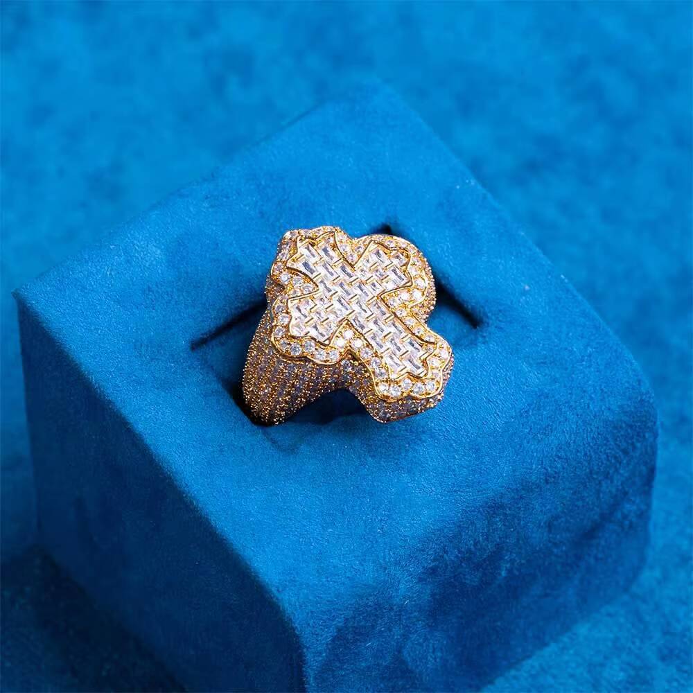 SPARKS VISTA Fashionable Iced Moissanite Cross Ring 925 Sterling Silver VVS Diamond Alternative for Certified Hip Hop Jewelry