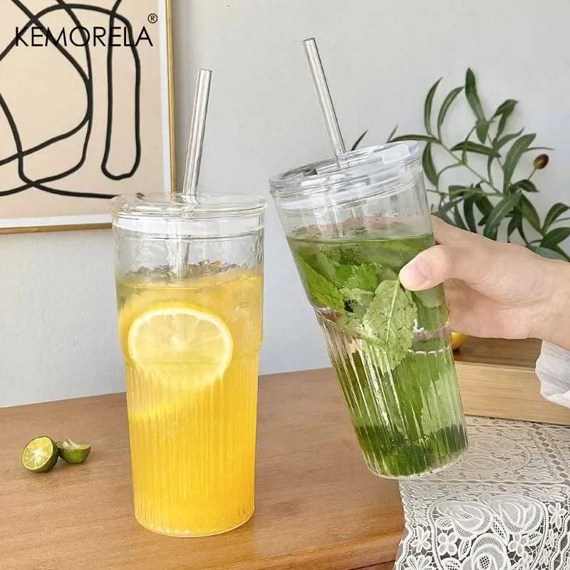 600ML Stripe Glass Cup with Lid and Straw Transparent Drinking Glasses for Juice Iced Coffee Water Cup Outdoor Drinkware Mug C251126