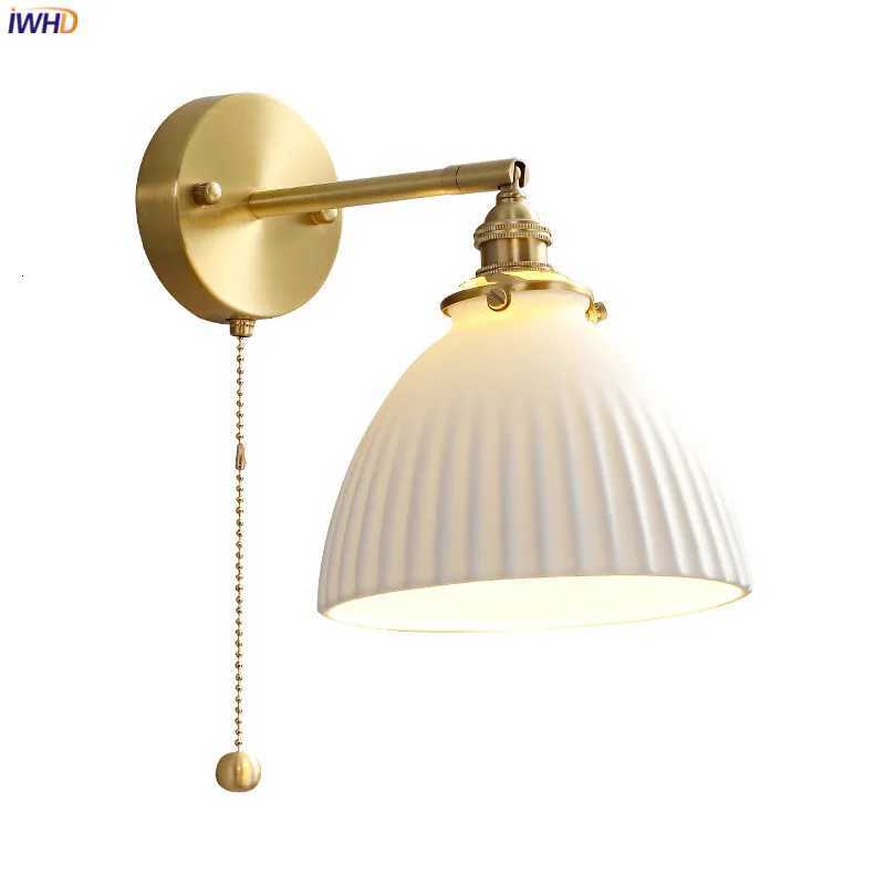 IWHD Nordic Ceramic LED Wall Light Fixtures Pull Chain Switch E14 Socket Copper Modern Beside Lamp Sconce Home Lighting Wandlamp M251126