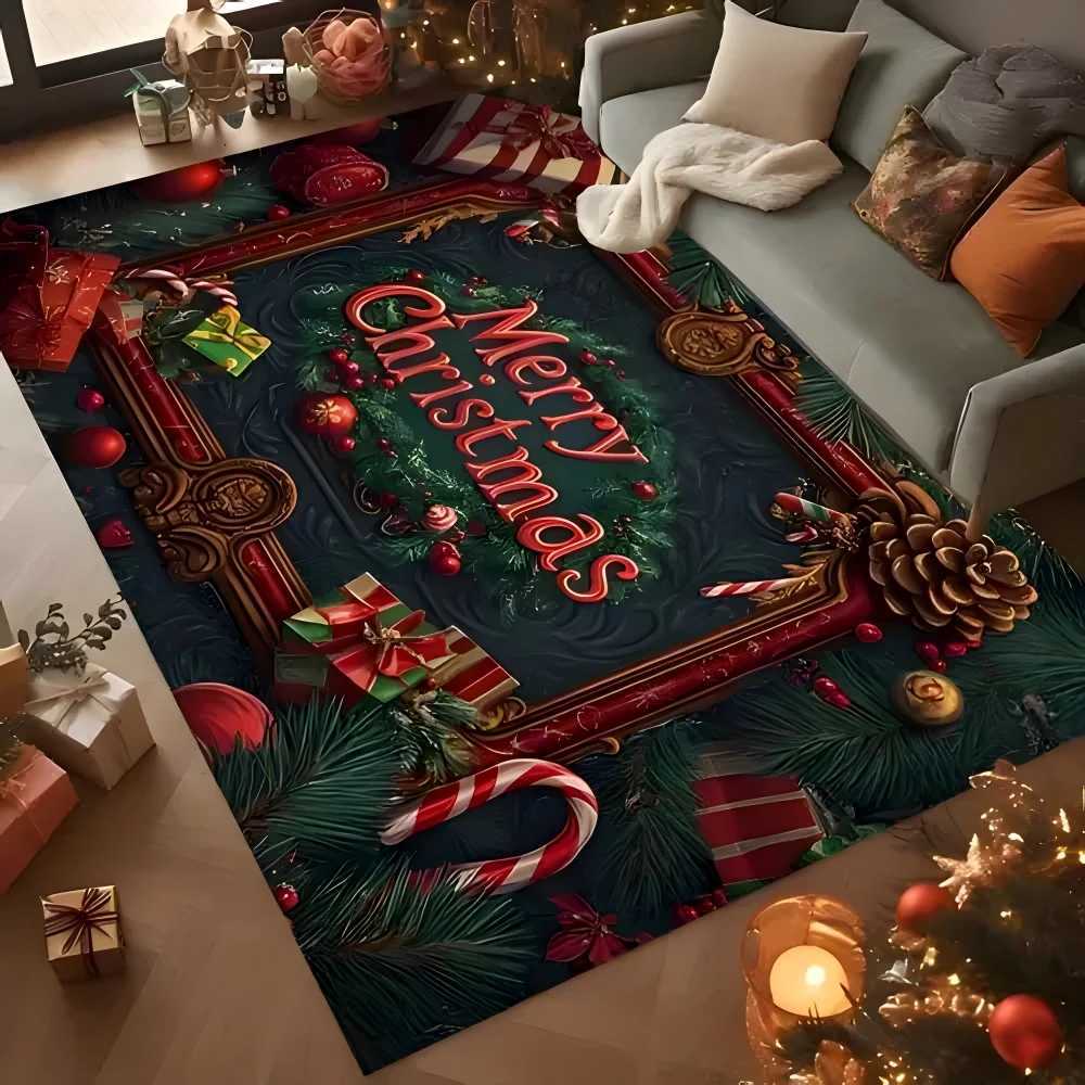 Christmas Tree Carpet Mat Rug with Poinsettia Gold Ornaments Gift Box Candy Cane Merry Christmas Home Decoration Bedroom DecorM251126
