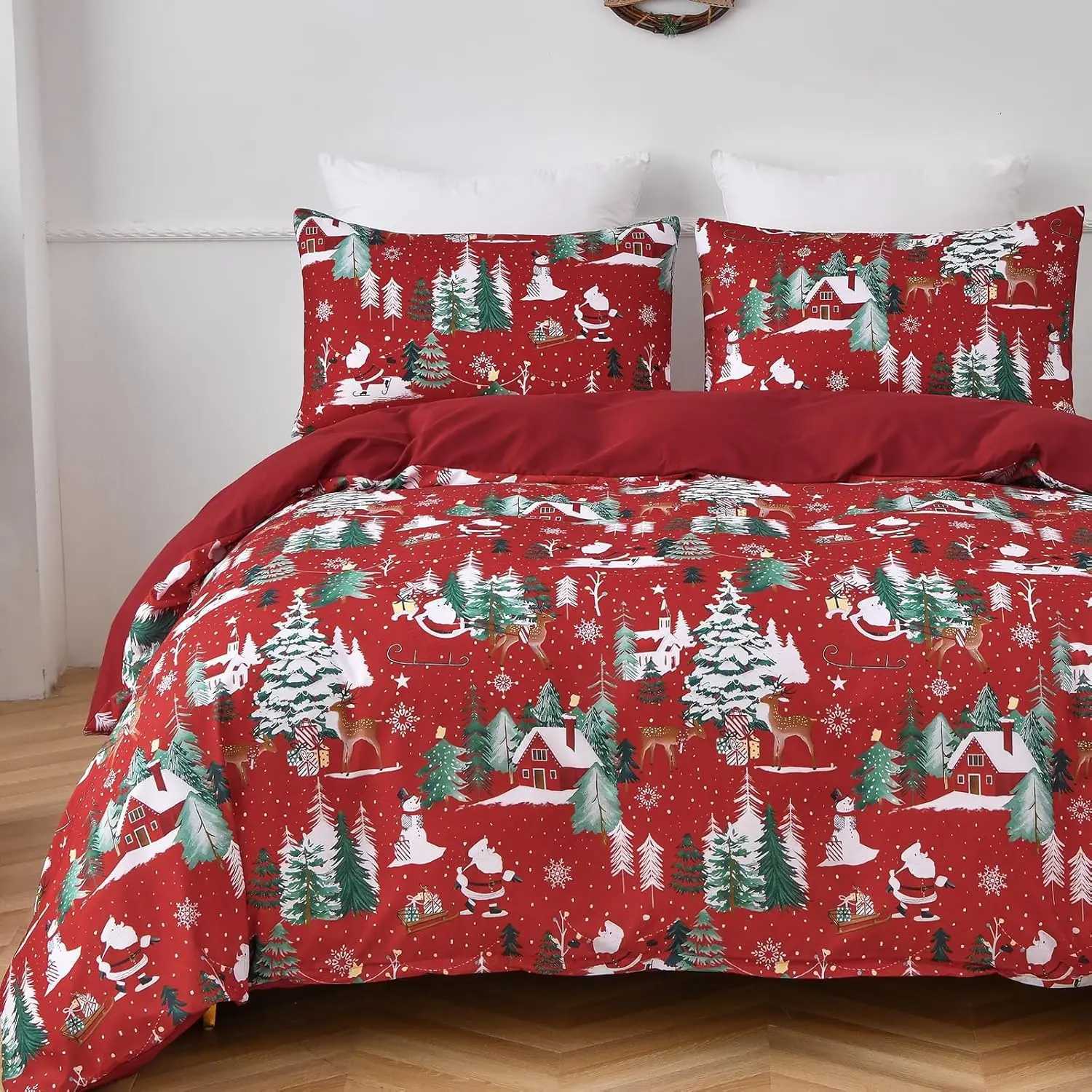 Christmas Red Merry Christmas Duvet Cover Set - Double Santa Claus Christmas Tree Snowflake Pattern Soft Microfiber Bedding Set Y251126