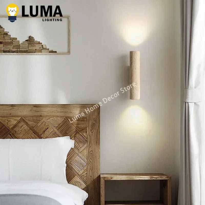 Wabi Sabi Style Yellow Travertine Wall Lamp Vintage Stone and Wood Sconce Light for Bedroom Bedside Living Room Stair Home Decor M251126