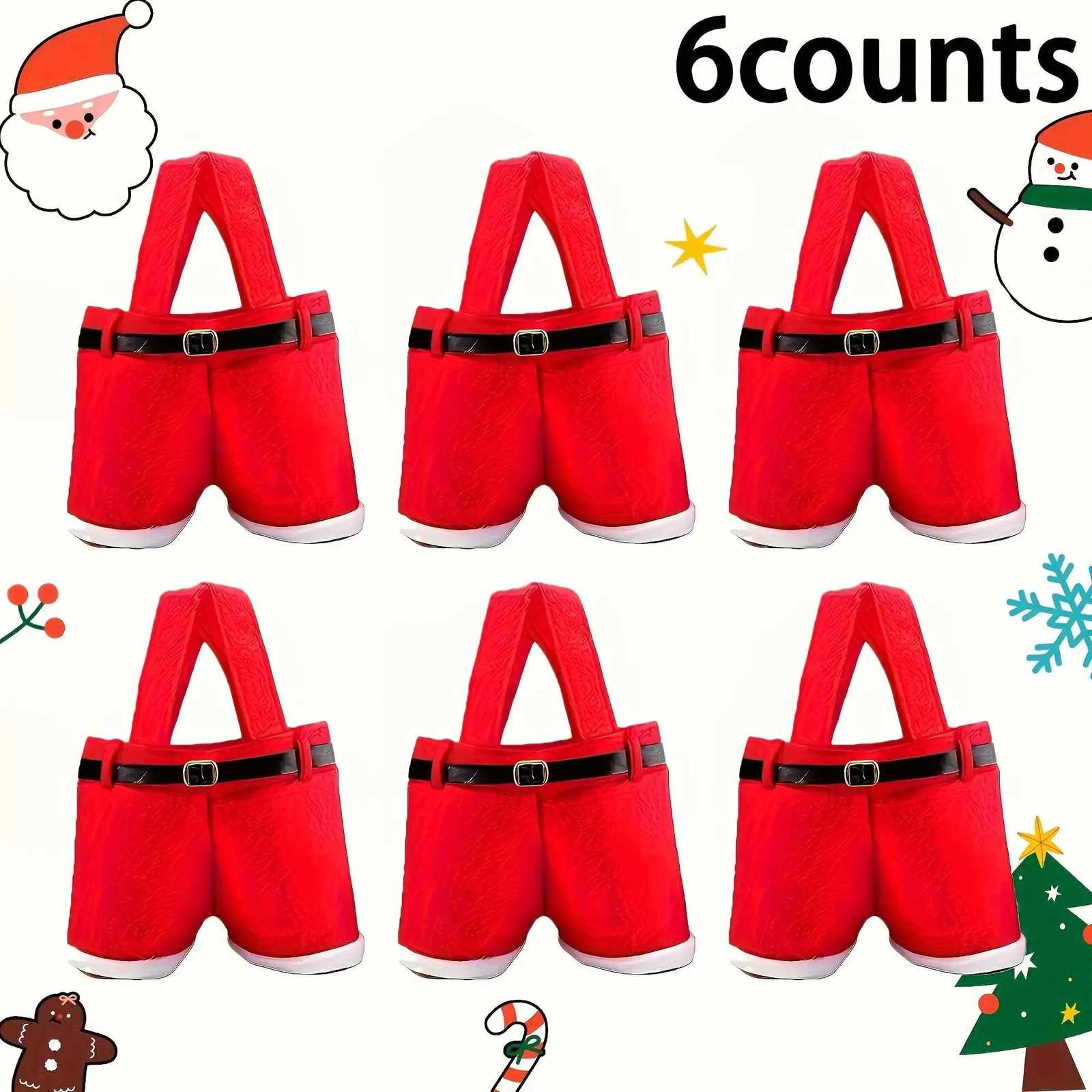 6pcs Red Non-Woven Fabric Christmas Gift Bags with Santa Claus Shorts Design Holiday Gift Wrapping Decorations Y251126