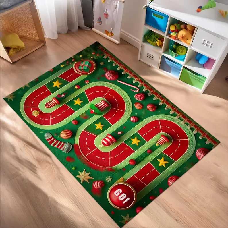 Christmas Rug with Golden Bow Washable Holiday Carpet Festive Non Slip Area Mat Gift Decoration for Living Room EntrywayM251126