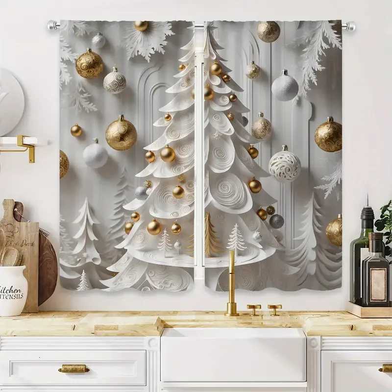 Curtain Christmas 2pcs Elegant Gold Christmas Tree Pattern Sophisticated Design Light - Filtering Polyester Curtains for Christmas Home Windows Y25112
