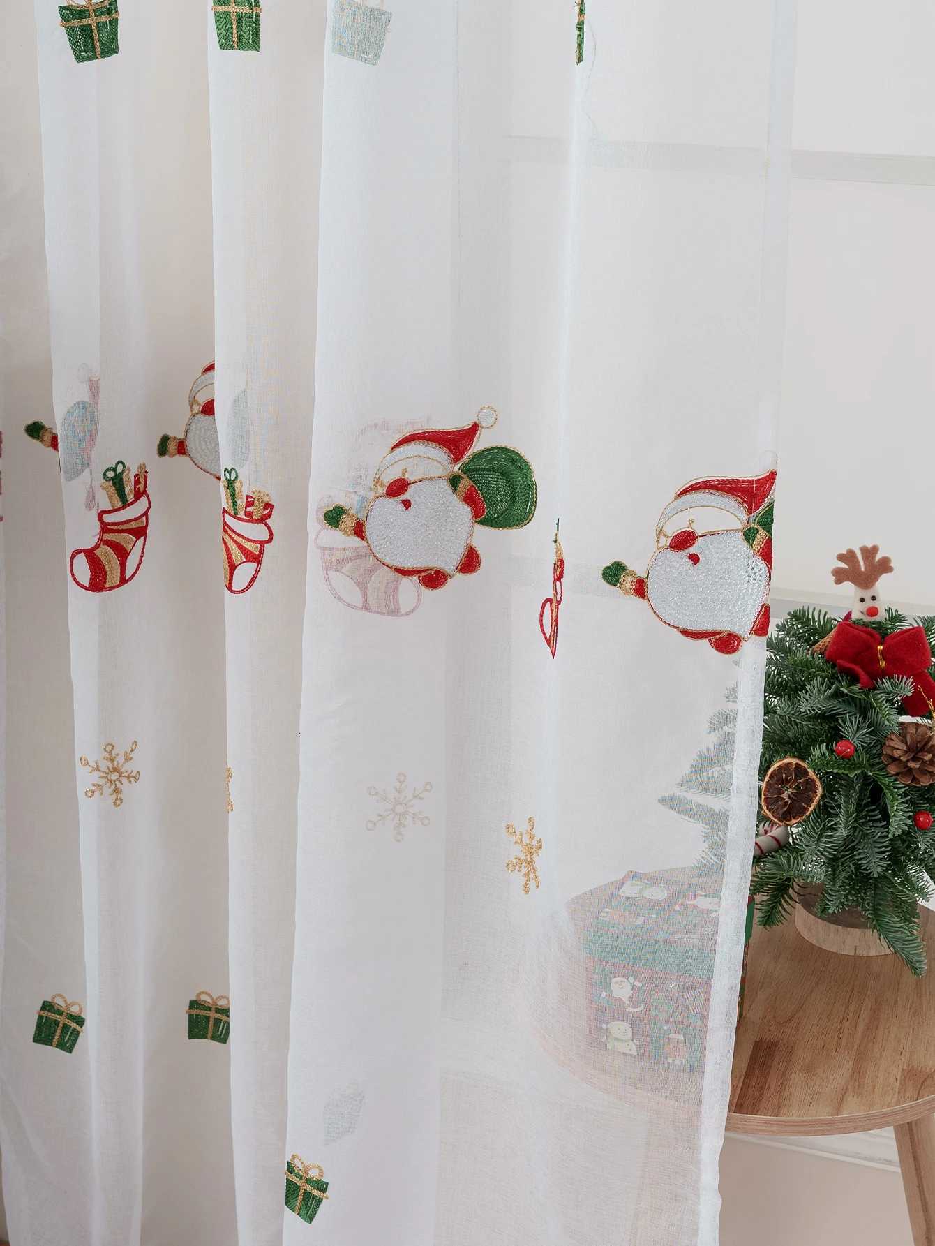 Curtain Christmas 1PC Festive Christmas Embroidered Stocking Thin Curtain Rod Pocket Included for Living Room Bedroom Window Decor Y251126