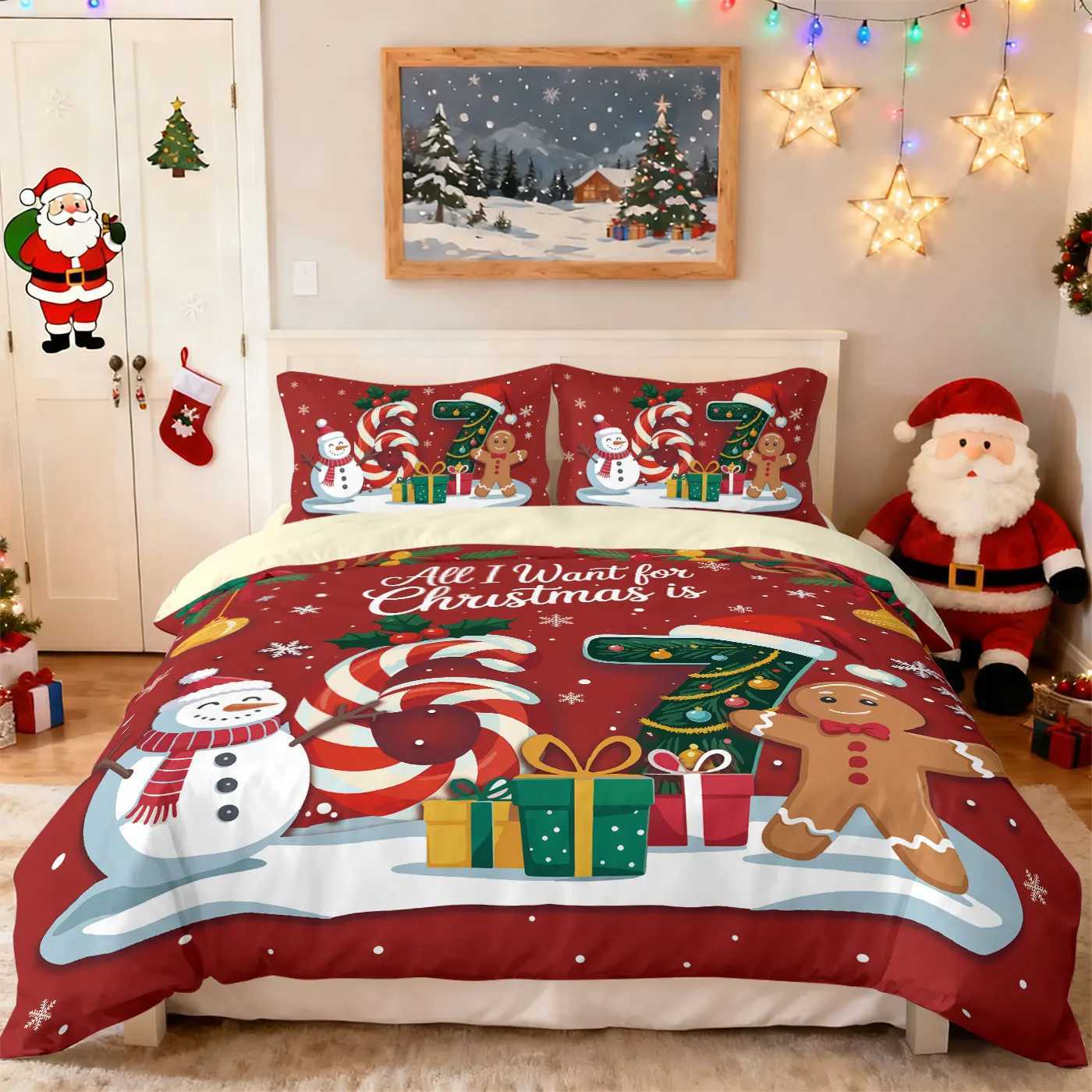 Christmas 3pcs Happy Christmas Snowman Gingerbread Man Print Quilt Cover Set Multi Size Bedroom Bedding Decoration Machine Washable Y251126