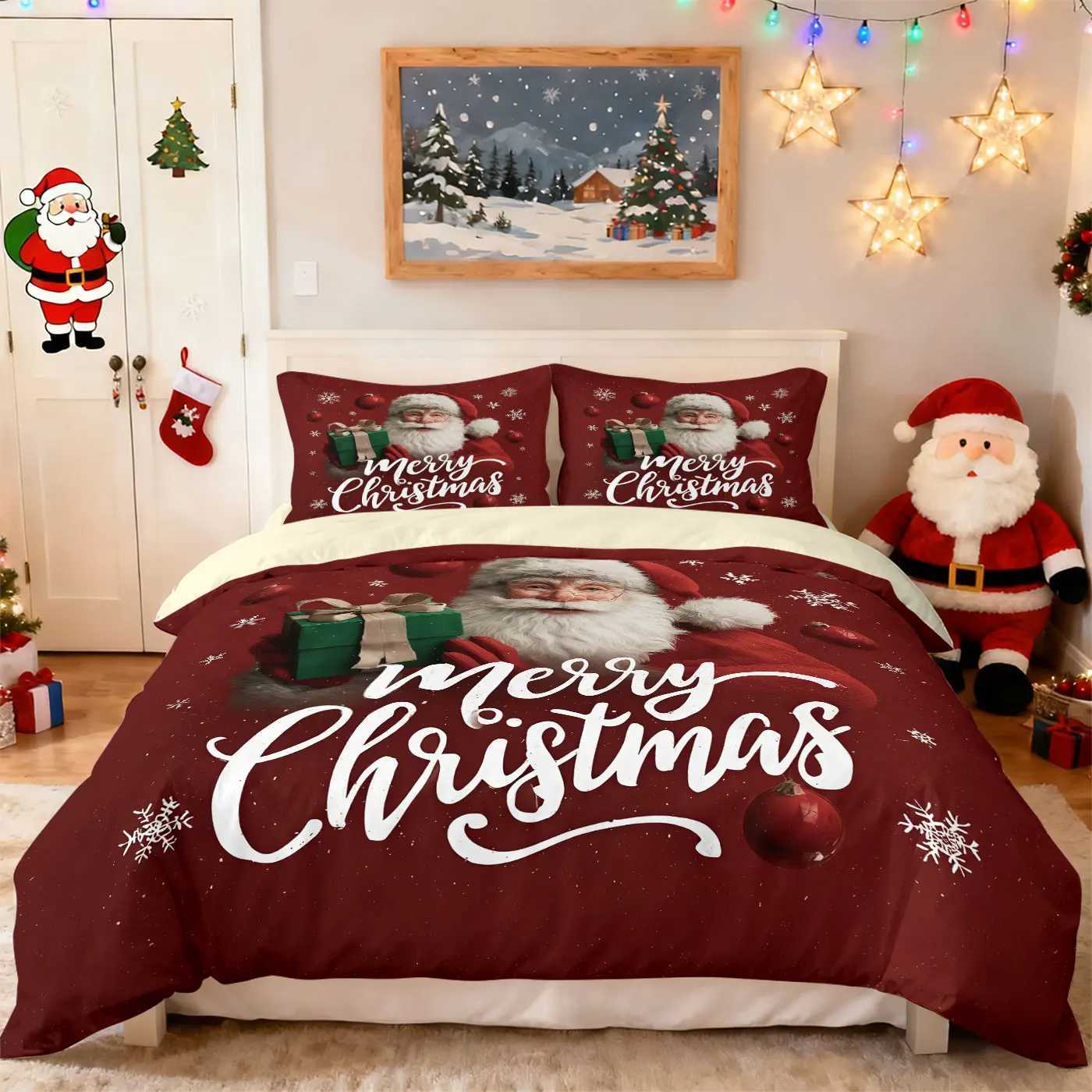 Christmas 3pcs Merry Christmas Santa Claus printed chipless duvet cover set multi size bedroom bedding decoration machine washable Y251126