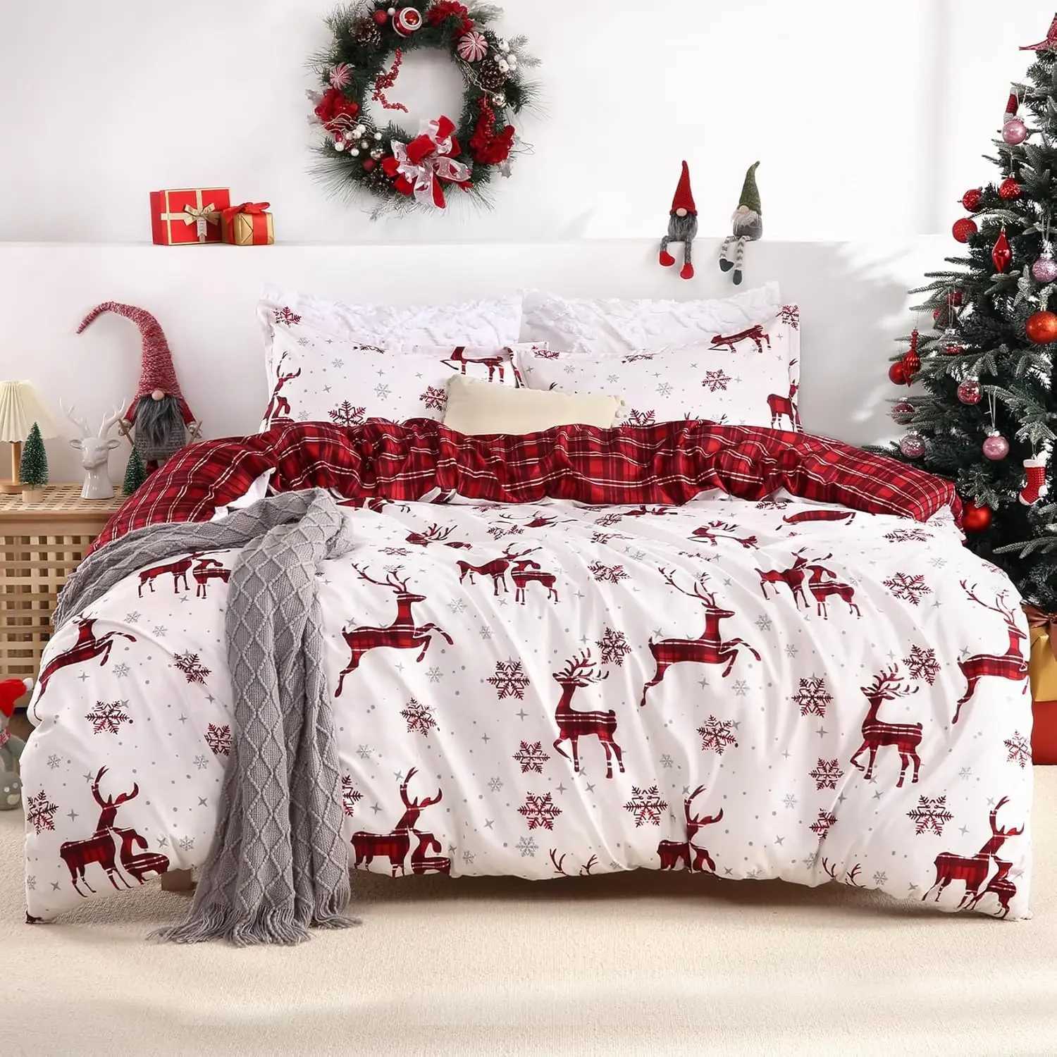 Christmas Merry Christmas Duvet Cover Christmas Elk Snowflakes Red Bedding Set Happy New Year Quilt Cover Holiday Gifts Bedroom Decoration Y251126