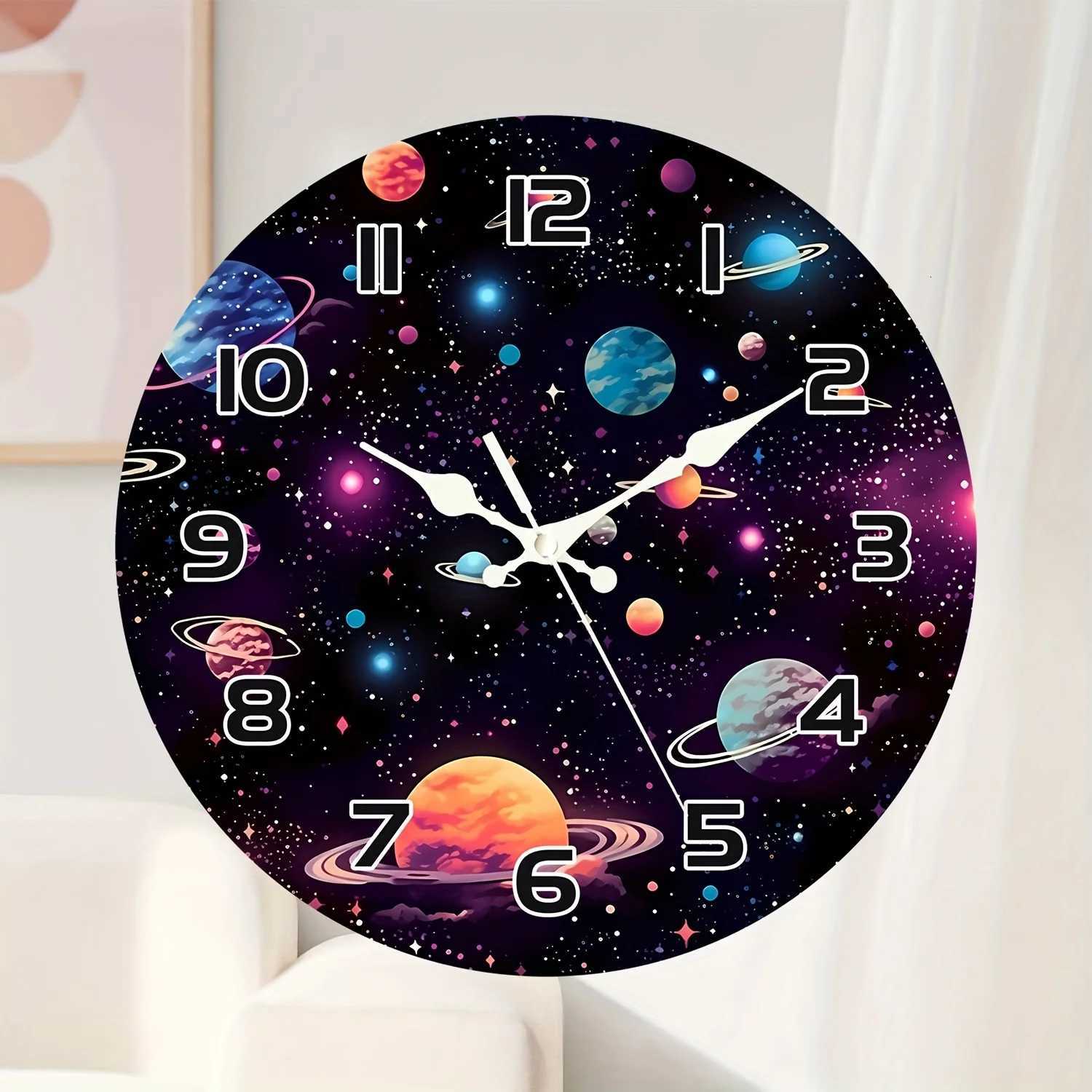 Solar System Pattern Decorative Silent Non-Ticking Wall Clock Wooden Round Fantasy Theme Clock with Digital Display Fl C251126